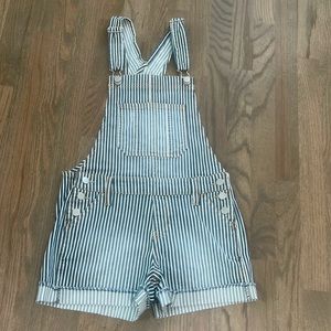 Blue and white striped short overalls